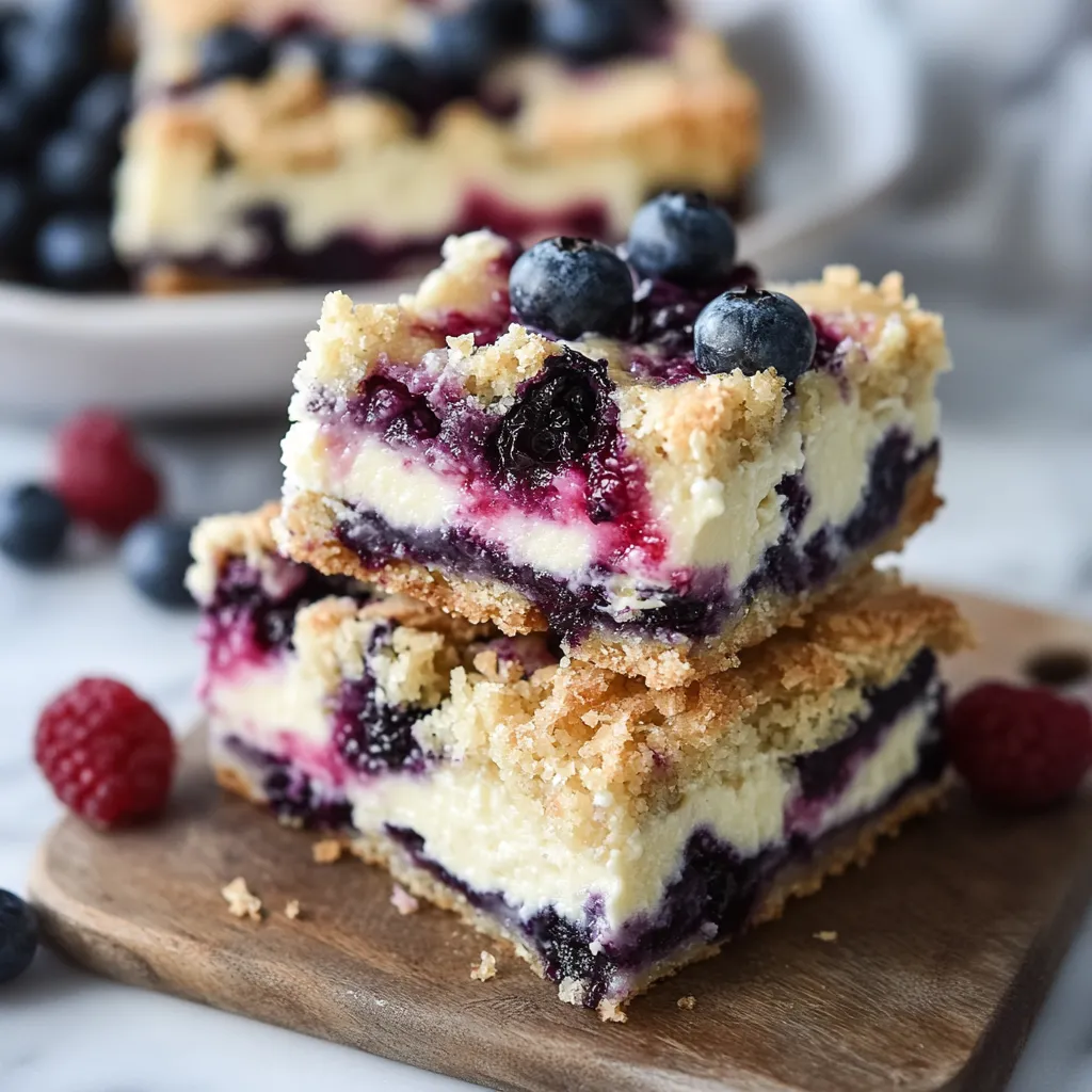 Una porción de tarta de arándanos y queso sobre una tabla de madera.