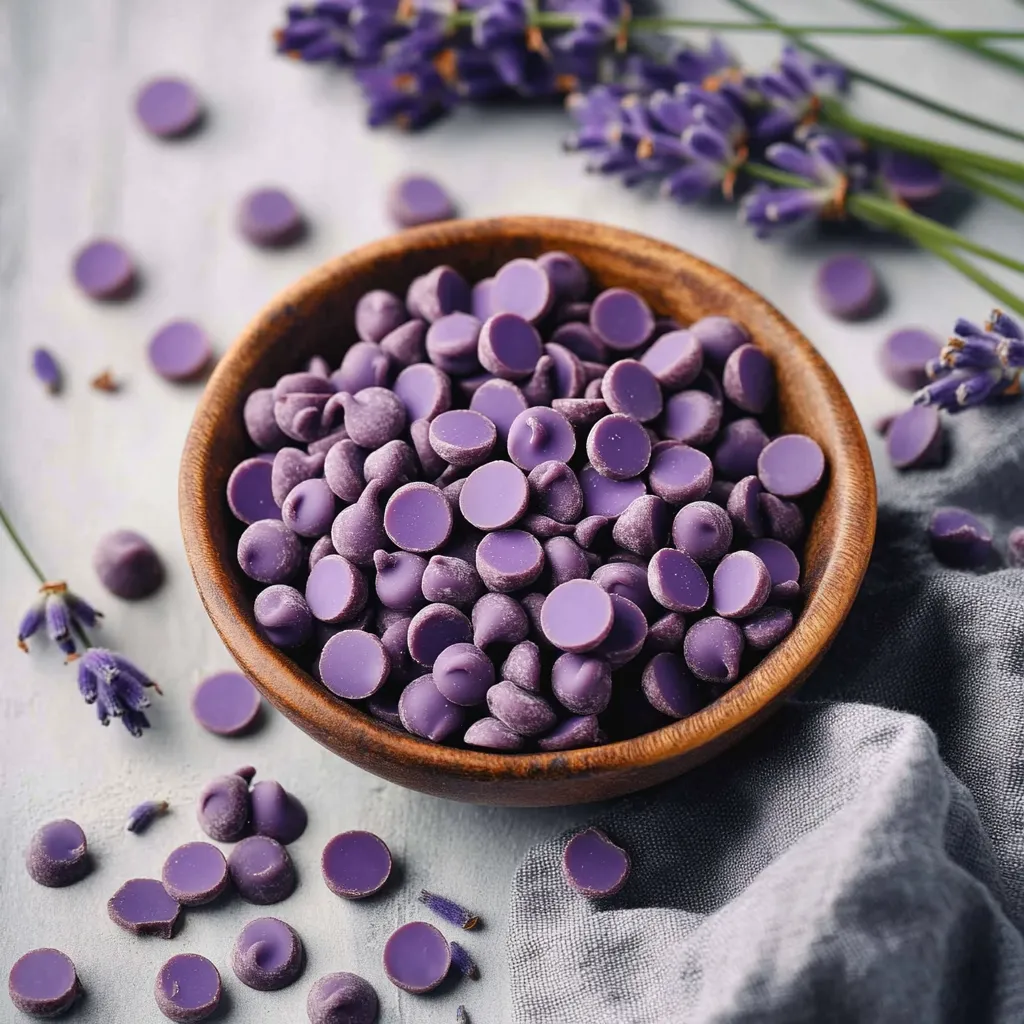 Un tazón lleno de chips de chocolate violeta.