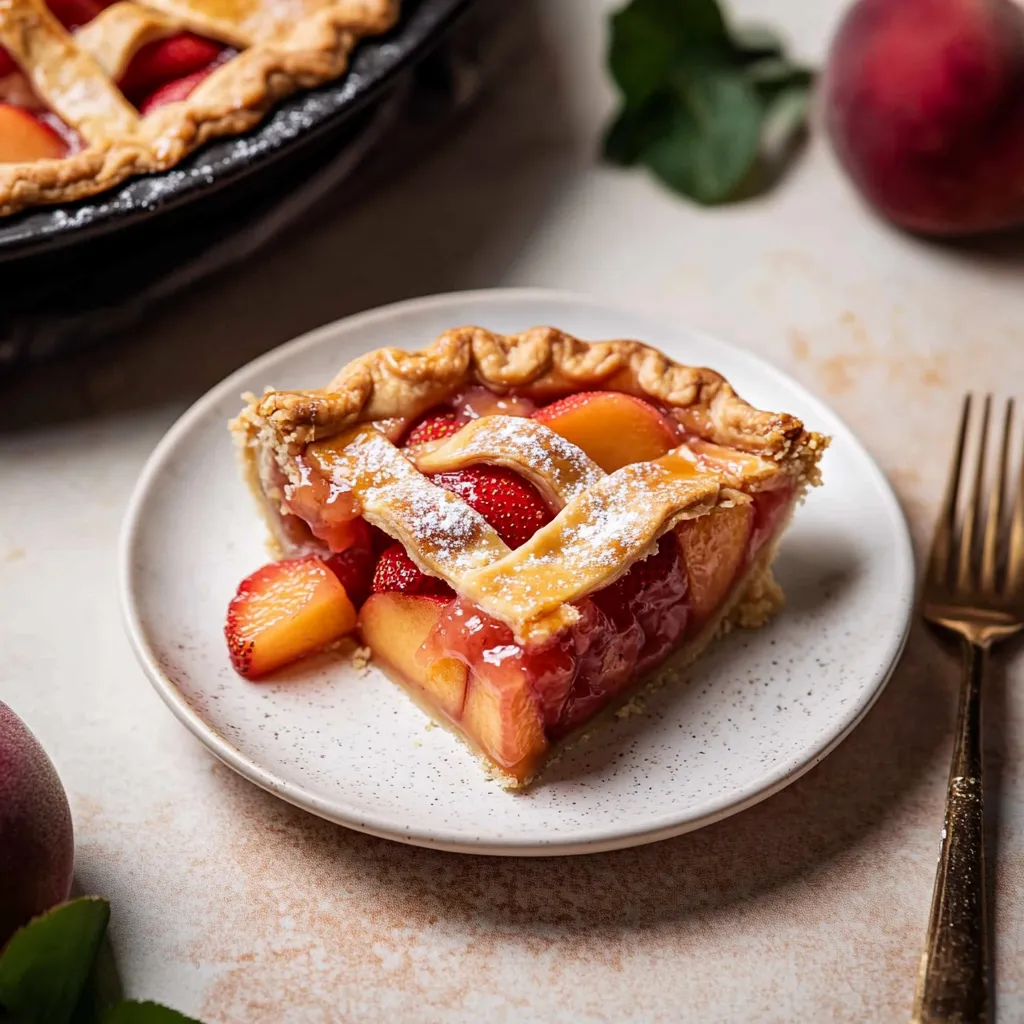 Porción de tarta con fresas y melocotón.