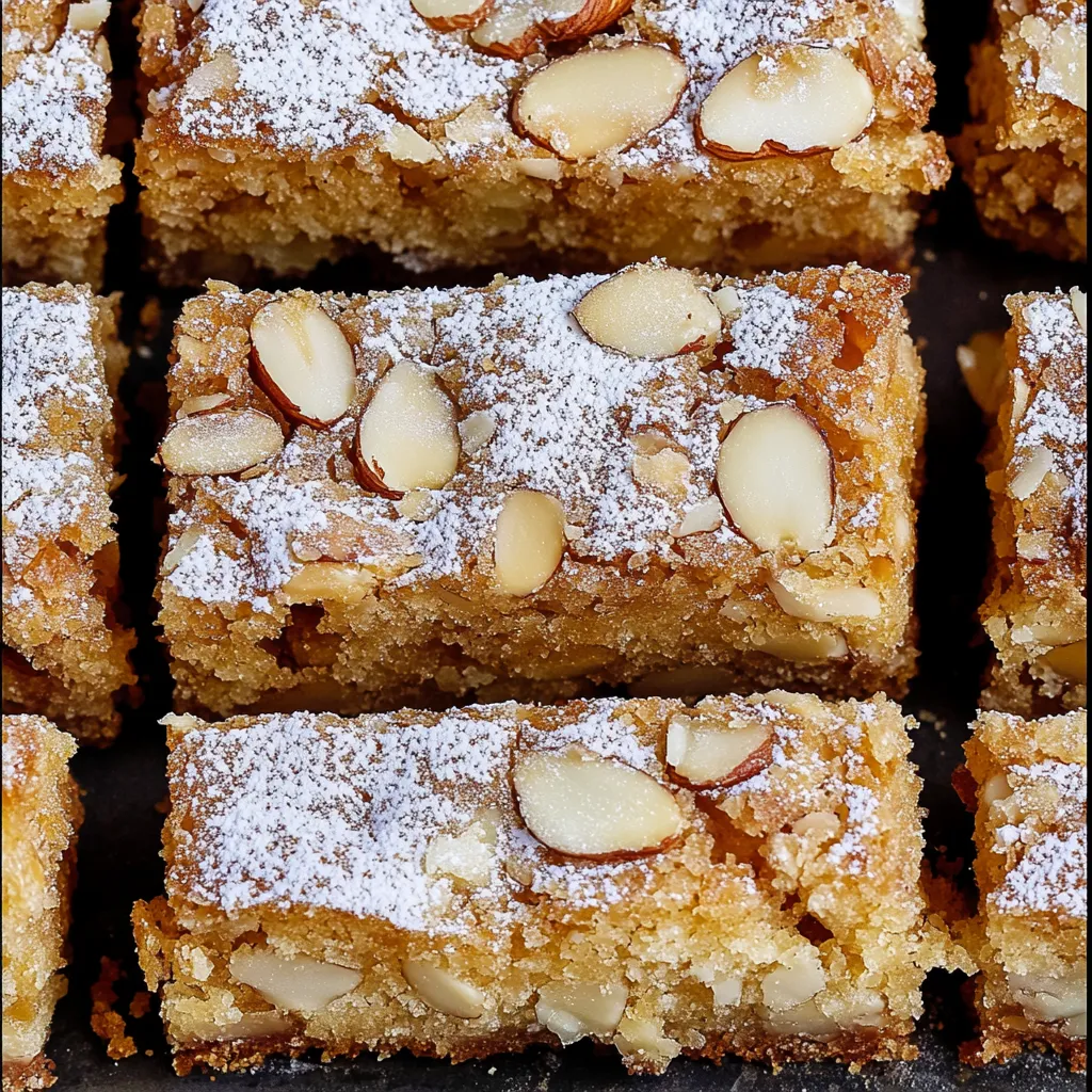 Zoom a un cuadrado de pastel con almendras arriba.