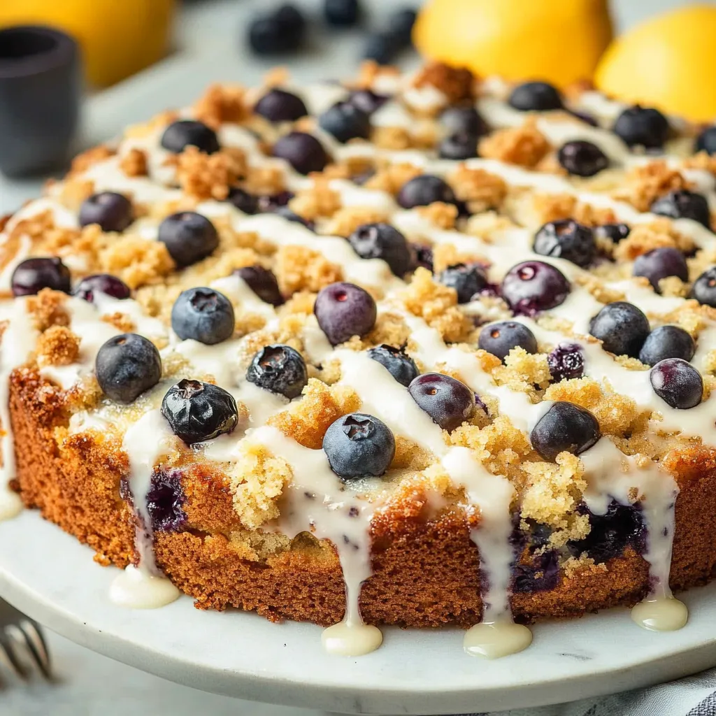 Una tarta cubierta de arándanos y glaseado blanco.