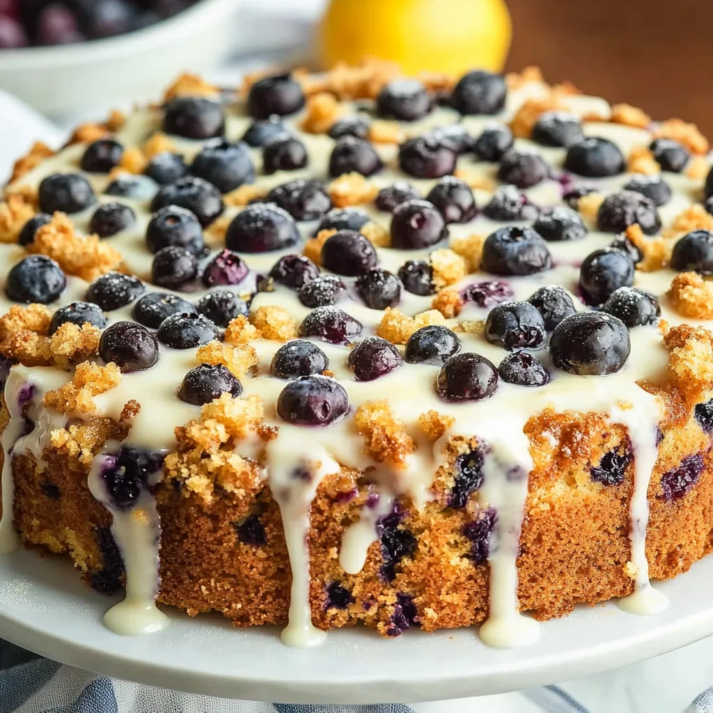 Porción de pastel de arándanos con glaseado blanco.