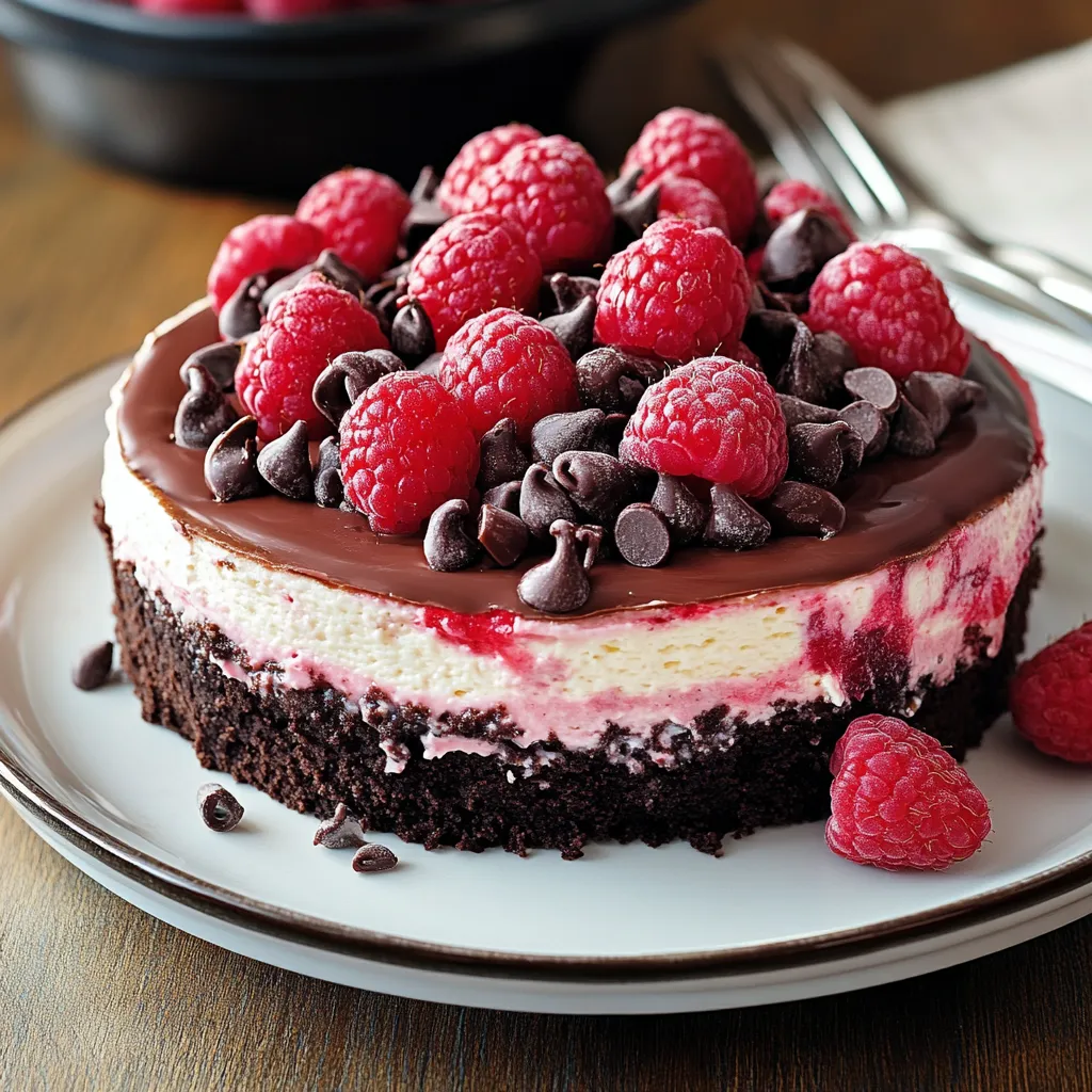 Rebanada de pastel de chocolate con frambuesas encima.