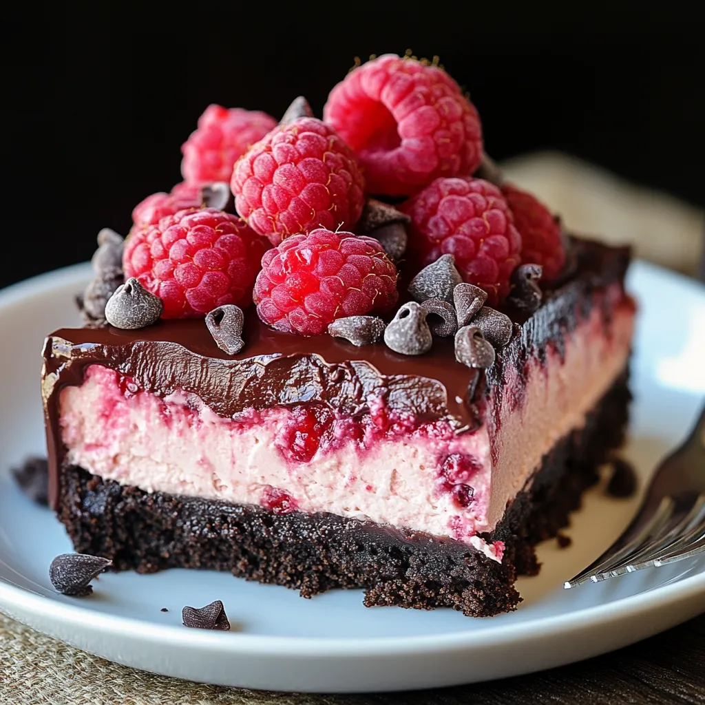 Trozo de tarta de chocolate con frambuesas por encima.