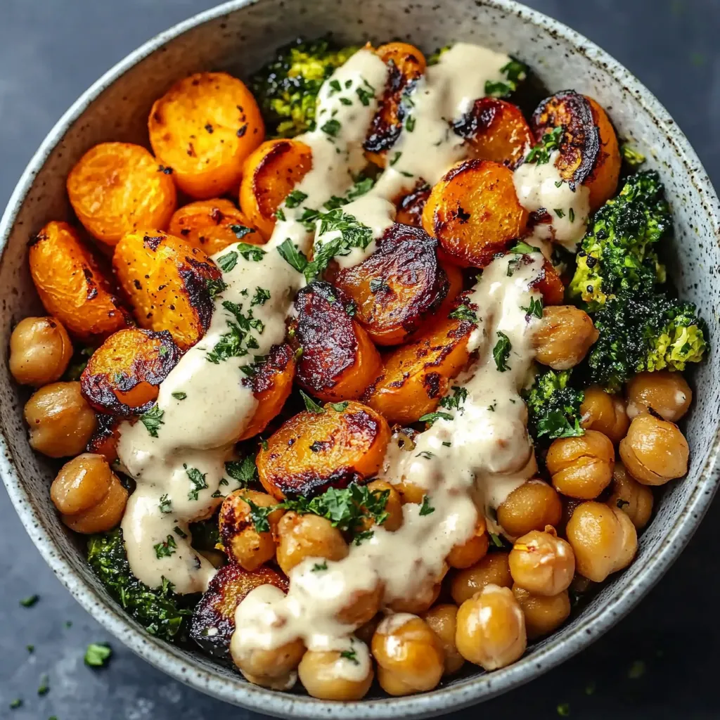 Un bowl lleno de comida con salsa blanca por encima.