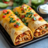 Dos burritos de pollo acompañados de tomate y lechuga.