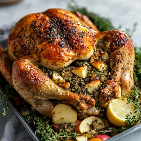 Un hermoso pollo asado entero descansa en una bandeja, relleno con hierbas y rodeado de patatas y rodajas de limón.