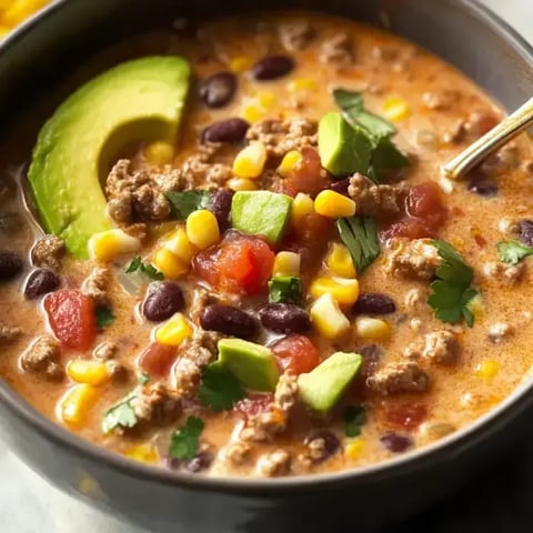 Un primer plano de un tazón de sopa cremosa con carne molida, frijoles negros, maíz, tomates en cubitos y guarnecida con aguacate y cilantro.