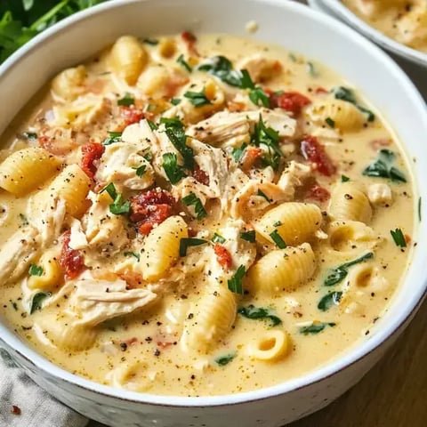 Un plato cremoso de pasta con conchas, pollo desmenuzado, tomates secos y espinacas, decorado con hierbas frescas.