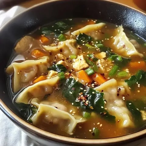 Un bol de sopa con dumplings, vegetales y semillas de sésamo.