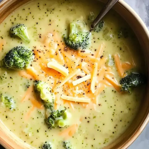 Sopa cremosa de brócoli con queso cheddar rallado y pimienta negra, servida en un bol.