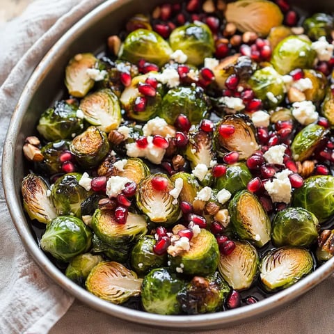 Un plato de brussels sprouts asados cubiertos con semillas de granada, queso feta desmenuzado y nueces picadas, presentado en una bandeja de metal.