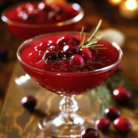 Dos elegantes recipientes de cristal llenos de gelatina roja de arándanos, decorados con arándanos frescos y una ramita de romero, sobre una superficie de madera.