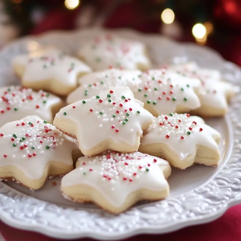 Un plato con galletas en forma de estrella decoradas con glaseado blanco y chispas rojas y verdes.