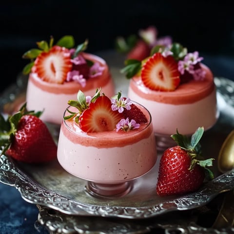 Un plato con dos postres, uno acompañado de fresas y otro con frambuesas sobre una mesa.