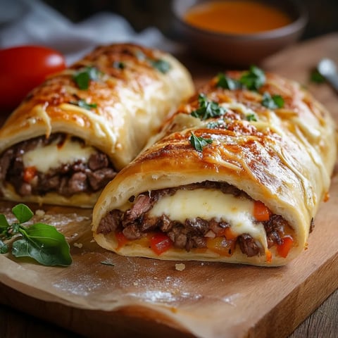 Dos rollos rellenos de carne en una tabla de madera.