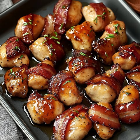 Un plato con bocadillos envueltos en tocino con un toque de salsa.