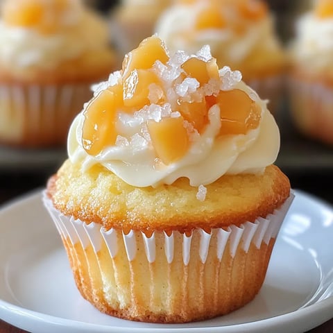 Un cupcake decorado con crema blanca y un topping de fruta amarilla.