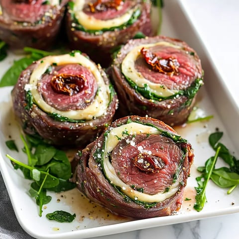 Plato con rollos de carne rellenos acompañados de hierbas.