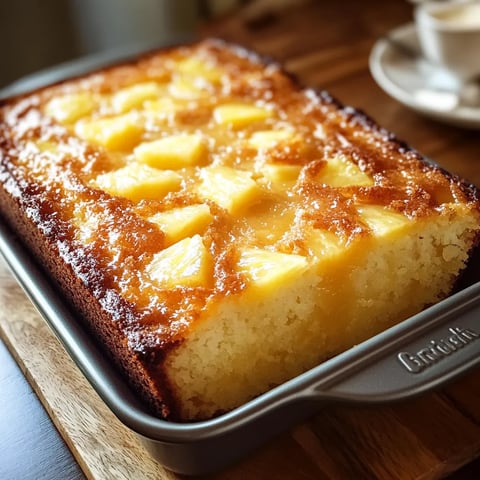 Un pastel de piña con glaseado y una rebanada faltante.