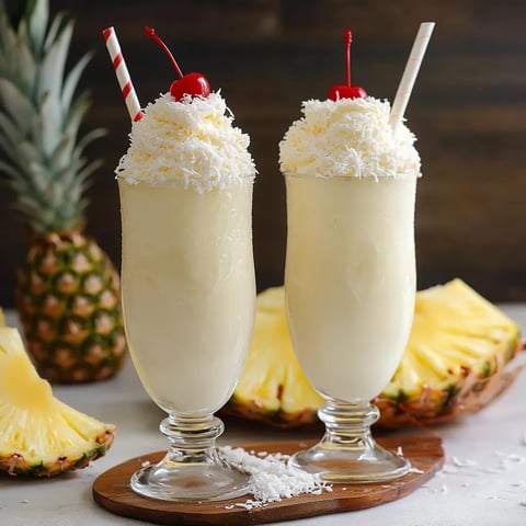 Dos batidos de piña y coco con popotes rojos.