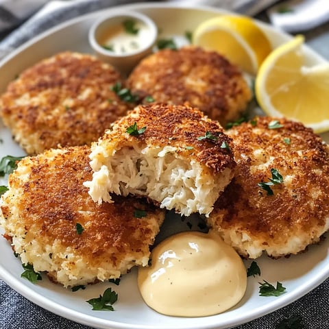 Un plato con tortitas de cangrejo acompañado de rodajas de limón y salsa.