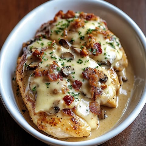 Un plato con pollo cubierto con queso gratinado y champiñones.