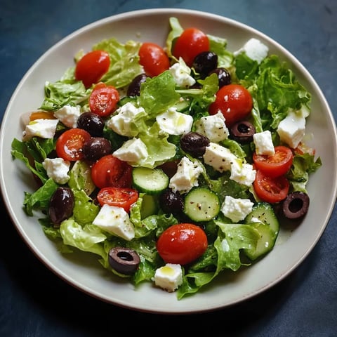 Un plato de ensalada con tomates, pepino, aceitunas y queso feta.