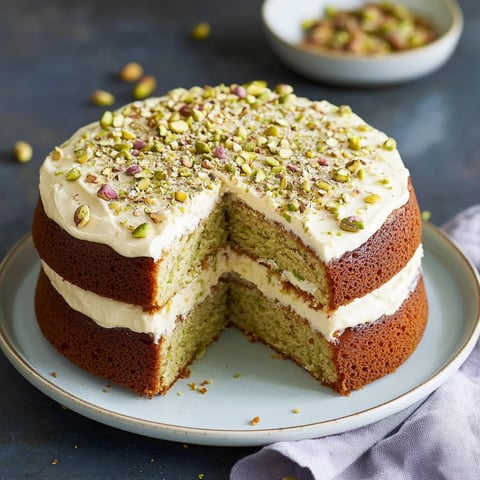 Una porción de tarta con pistachos encima.