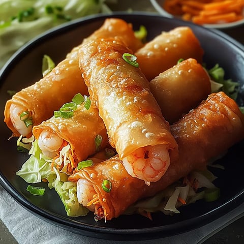 Un plato con camarones y vegetales.