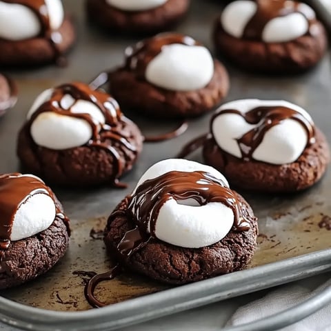 Bandeja de galletas de chocolate con malvaviscos encima.