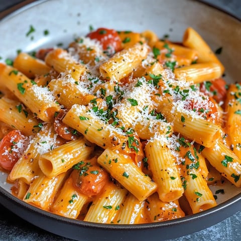 Un plato de pasta con tomates y queso.