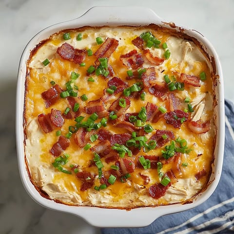 Un tazón blanco con dip cremoso, tocino y cebollines.